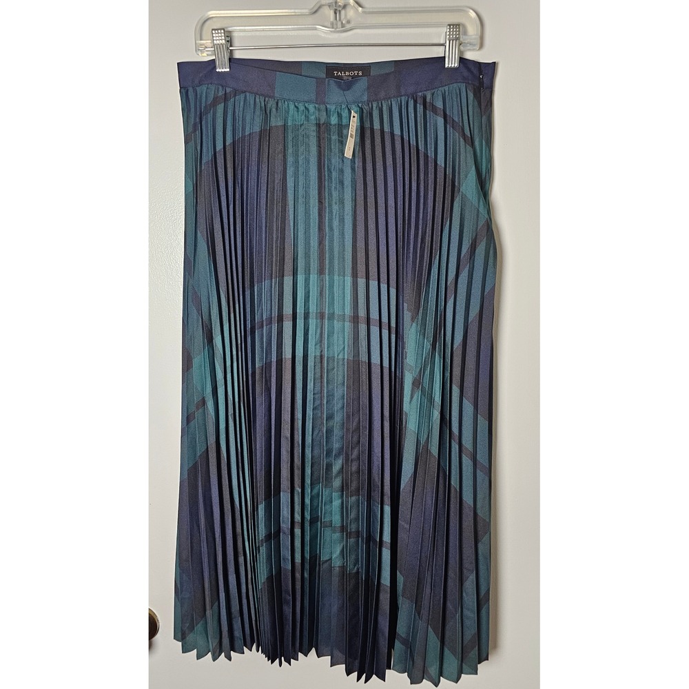Talbots Womens Navy Green Plaid Pleated Midi Skirt Size 12 Side Zip Lined NWT